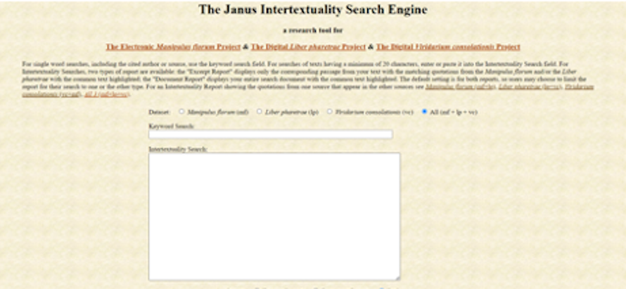 Screen capture of the Janus Intertextuality Search Engine