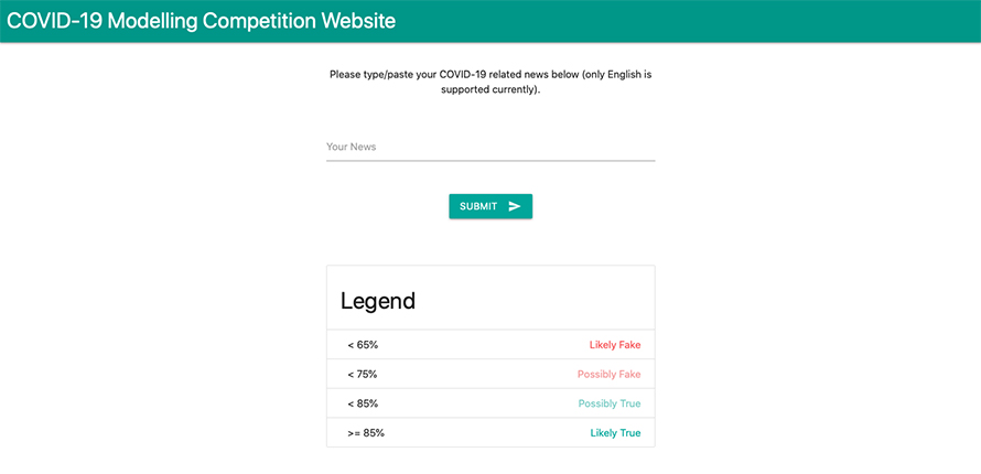 Screenshot of COVID-19 fake news detector web page