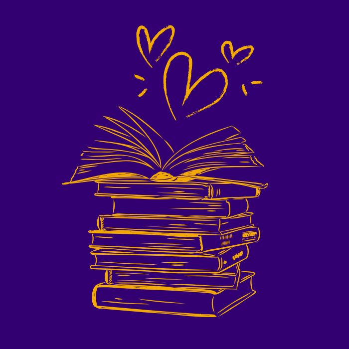 Illustration of a stack of books with hearts above